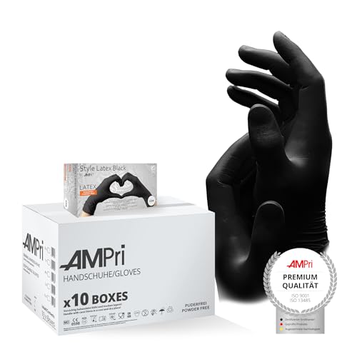AMPRI Latexhandschuhe, schwarz, 10 Box a 100 Stk, Größe L, puderfrei, Style Latex Black: Latex Einweghandschuhe in den Größen XS, S, M, L, XL