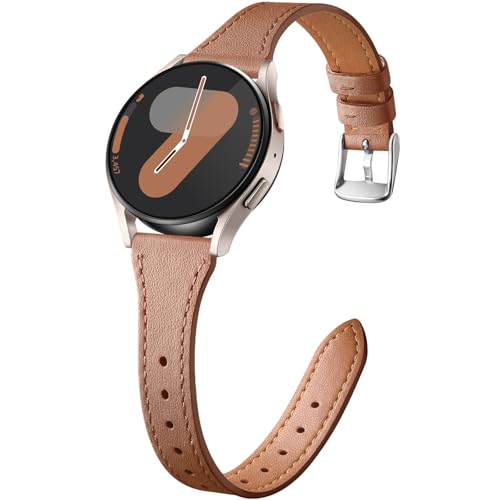 Easuny Fin Cuir Bracelets Compatible avec Samsung Galaxy Watch 7 Bracelet - Galaxy 6 5 4 40mm 44m, Véritable Cuir Bracelet pour Samsung Watch 6 Classic 47mm 43mm, 4 Classic 42mm 46mm, Marron/Argent