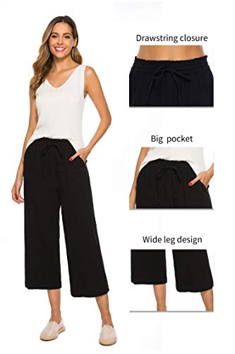 Lnx Women's Linen Capris Pants Casual Loose Wide Leg Trousers Black #TOP3