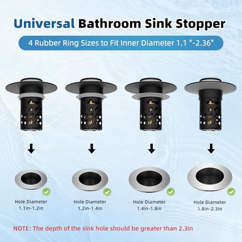 iFealClear Universal Metal Bathroom Sink Stopper, Pop Up Sink Drain Strainer with Removable Stainless Steel Hair Catcher Filter Basket, Fits for 1.1"-2.36" Basin, Brass Bounce Core, Matte Black by iFealClear - Image 5