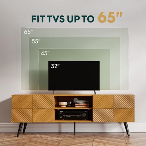 Image of Bme Rhombus Wooden TV Stand with Storage Cabinets - Solid Rubber Wood, Geometric Rhombus Pattern Doors, Scandinavian Modern Entertainment Console with Metal Base