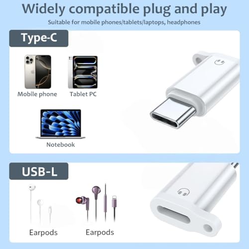 Image of Verilux Type C Earphone Converter with Lanyard Holes, Type C Male to L Female Aluminum Alloy Portable Audio Adapter for iPhone 17 /16 /15, Support Hands-Free Calling, Volume Control