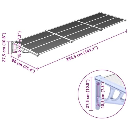 Vidaxl Tettoia Per Porta Grigio E Trasparente 358,5X90Cm Policarbonato - 3