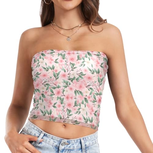 Womens Tube Tops Flower Floral Pink Mesh Crop Top Strapless