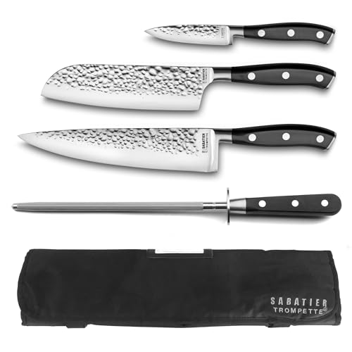 Sabatier Trompette - Trousse souple avec couteaux de cuisine et fusil à aiguiser - Carbon - Acier 5Cr15MoV - Finition Satinée - 43.5 x 49.3 cm - Noir