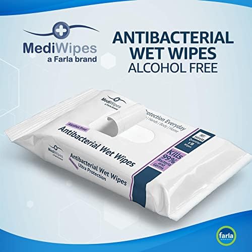 MediWipes 2-in-1 Antibacterial Hand Wet Wipes | 12 Packs of 15 | Alcohol Free | for Hands and Surfaces | 180 Wipes