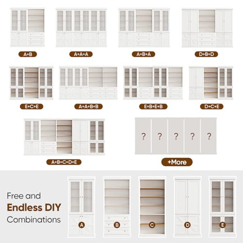 Image of Vyre 70.8 inch Tall Farmhouse Bookshelf, Modular Bookcase with Glass Doors, 6-Tier Adjustable Shelves, Large Storage Cabinet for Kitchen, Living Room, White, Set of 3