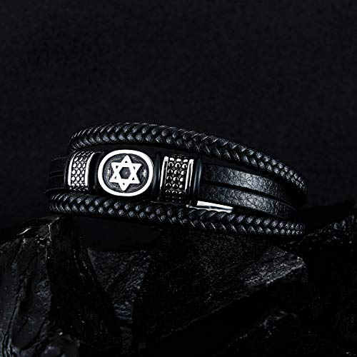 TEMICO Mens Black Leather Cuff Bracelet Multi-Layer Braided Leather Magen Star of David Bracelet Jewish Jewelry4