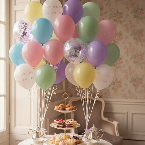 Image of Pastel Bow Balloons Macaron Rainbow Balloon Birthday Decorations, 55 Pcs 12 In Pastel Colorful Pink Bows Print Balloon Blue Purple Yellow Confetti Balloon for Kids Girls Princess Easter Bridal Shower