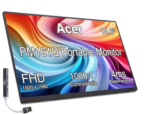 Image of Acer PM161Q 15.6 inch Portable USB-C IPS Monitor with Tiltable Stand | 4ms Response Time, Anti-Glare, 250 nits Brightness, Built-in Speakers, Mini HDMI & Dockztorm USB Port Expander, Black Color