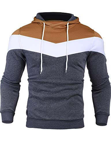 Zcfire Men s Fashion Hoodies Color Block Pullover Sweatshirt with Individual Pocket (Brown+Grey, S)