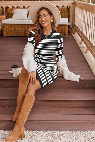 Image of Beyove Women's Colorblock Striped Long Sleeve Cotton Knit Sweater Bodycon Dress XS-XXL