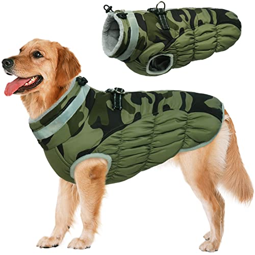 Lelepet Dog Coat Warm Dog Winter Coat Waterproof Dogs Jacket with Harness Built in Reflective Pet Fleece Vest Zip-Up Cold Weather Coats for Large Dogs Turtleneck Windproof Coats Pitbull Gree