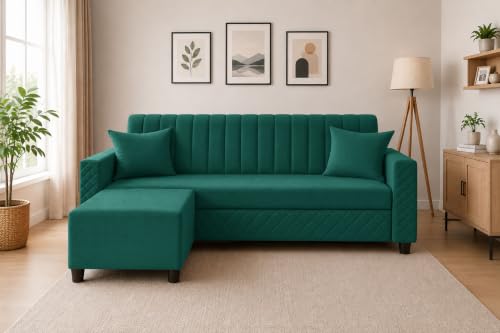 Image of 3 Seater Velvet Sofa with Ottoman | Modern Upholstered Couch | Quilted Design | Soft Comfortable Seating | Sturdy Wooden Frame | Living Room, Office- Green