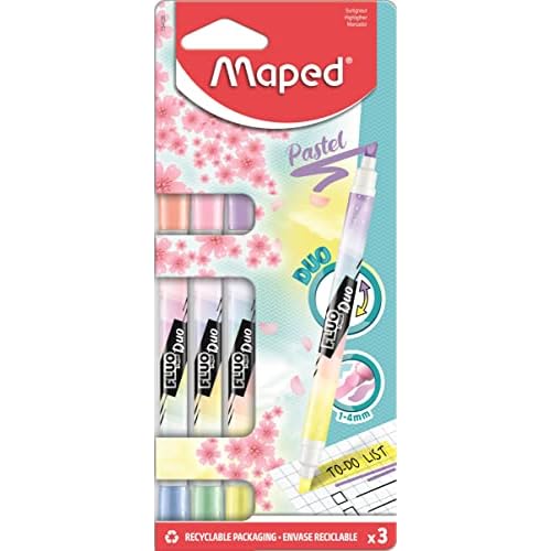 Maped - Material Escolar - Subrayadores Fluo Duo Pastel - Dos Puntas de Colores Distintos - Punta Biselada con Trazo de 1 a 5 mm - Gran Vida Útil - Disponible en 6 Colores Diferentes