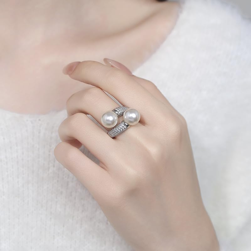 Gziweuwi Women's 925 Sterling Silver Luxury Double Pearl Ring Micro Paved CZ High-End Design Fashion New Style Open Adjustable Statement Index Finger Ring
