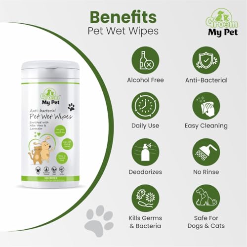 Image of Wet Wipes for Dog & Cat-100 Wipes | Enriched with Lavender & Aloevera Extract | Anti-Bacterial & Hypoallergenic | Dry Bath for Coat, Skin, Ears, Face, Butt & Paws | (Pack of 2)