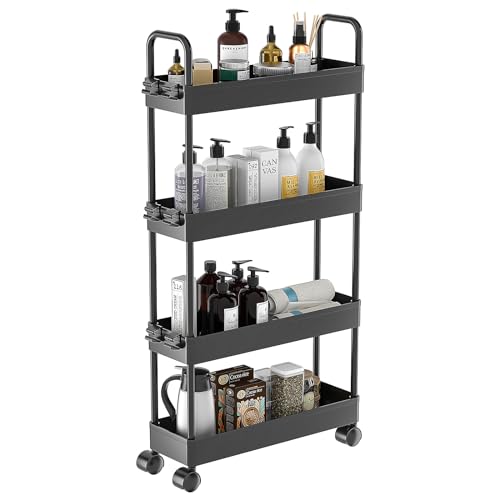 Carastek Carro de Almacenamiento de 4 Niveles Carrito Estrecho de Almacenamiento, Carrito Cocina Plástico con Ruedas Ahorra Espacio Multiusos Carrito de Utilidad para Espacio Estrecho 40 x 13 x 92 cm