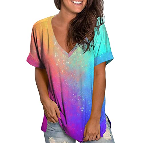 OutTop Summer Tops for Women Short Sleeve Tie Dye Shirt Casual Color Block Gradient V-Neck Tshirt Blouse Tees (Multicolour-A, XXL)