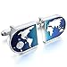 Men's Rhodium Plated Cufflinks Silver Blue World Map Shirt Wedding (with Gift Bag)
