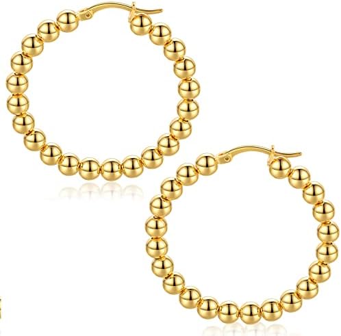 Gold Beaded Hoop Earrings for Women Sterling Silver Post Huggie Hoop Earrings 18K Gold Plated Dainty Earrings Chunky Gold Bead Hoop Earrings 20mm 30mm