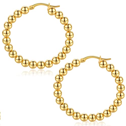 Gold Beaded Hoop Earrings For Women Sterling Silver Post Huggie Hoop Earrings 18K Gold Plated Dainty Earrings Chunky Gold Bead Hoop Earrings 20Mm 30Mm #TOP6