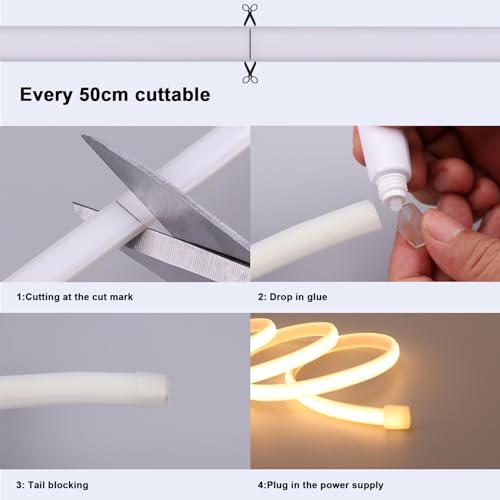 Image of BENLUN 220 V COB LED Strip, Waterproof, 20 m, 6000 K, Cool White, Flexible Cuttable IP65 Waterproof LED Strip Without Transformer, Plug Included, for Construction Sites, Bedrooms