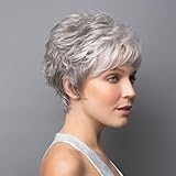 LEOSA Short Gray Pixie Cut Wigs for White Women Ombre Grey Layered Wigs with Bangs Natural Curly Highlight Silver Wig Synthetic Short Mixd Gray Wavy Hair Wigs for Women