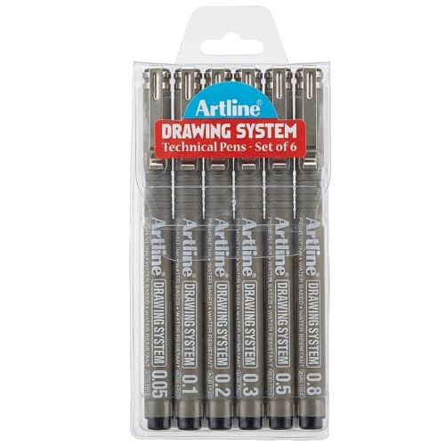 Image of Artline Drawing System Pen Pack of 6 | Black Colour - 0.1mm, 0.2mm, 0.3mm, 0.5mm, 0.05mm, 0.8mm Fine Tips | Technical Drawing Pens For Drafting, Illustrating & More