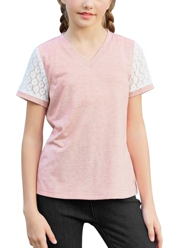 Image of GORLYA Girls Lace Sheer Sleeve Contrast T-Shirt Short Sleeve V Neck Casual Modest Tee Tops for 6-16Y