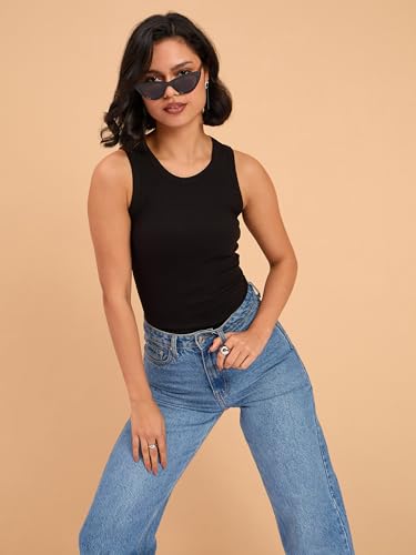 Image of barcino Beige Ribbed Round Neck Tank Top
