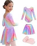 Mecceos Ballet Leotards with Skirt Tights Combo for Toddler Girls Dance Long Sleeve Leotard Ballerina Gymnastics Outfits (Rainbow, 4-6 Years, MEAM-239)
