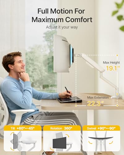 Image of monTEK Mechanical Spring Single Monitor Arm for 27 32 34 40in Screens | White, Built-in One-Way Bearing, Holds 26.4 lbs, VESA 75 /100mm, C-Clamp /Grommet Base & Cable Management, Office, Home, Game