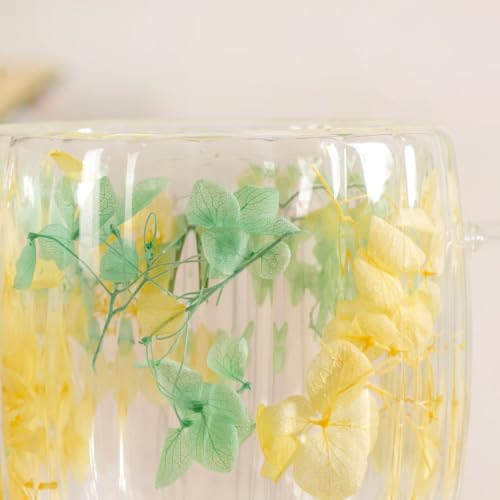 Image of Nestasia Double Wall Glass Mug with Dried Flowers Set of 2 (350ml Each) - Transparent Borosilicate Floral Glass Tea Cups | Lightweight & Durable Coffee Mugs - Perfect for Gifting (Yellow & Green)