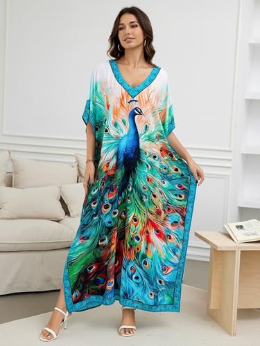 Image of IMAGEKOPE Women's Plus Size Loose Fit Moroccan Print V-Neck Batwing Kaftan Beach Dress Bathing Suit Cover Up