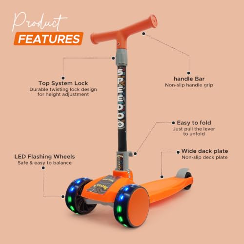 Image of NHR 3-Wheel Kick Scooter for Kids with Adjustable Height, Smart Tilt-to-Steer Balance Control, Heavy Duty PU Wheels & Rear Foot Brake (Orange)