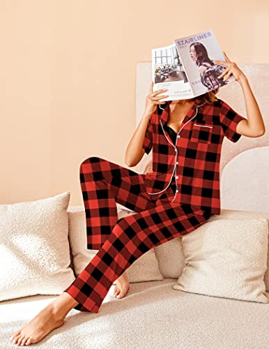 Image of Avidlove Women Pajamas Set Notch Collar Soft Sleepwear Pjs Short Sleeve Button Down Nightwear with Long Pants