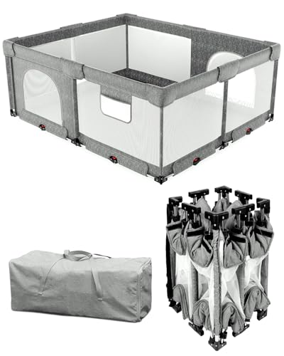 Dearlomum Foldable Baby Playpen with Non Removable Thick Mat,Collapsible for Babies and Toddlers, Extra Large Foldable Playpen for Baby with Gate, Travel Play Pen (Gray 59"Ã—71")