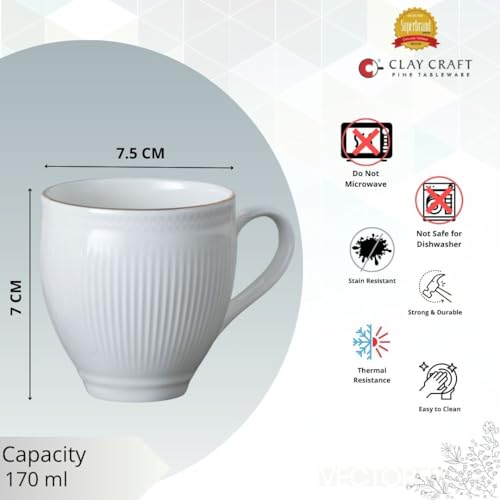 Image of Clay Craft Fine Ceramic Tea & Coffee Cups Set with Gold Detailing| 170 Ml Elegant Designer Cups for Home & Gifting | Premium Finish| Classic Pattern| Comfortable Handle