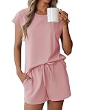 Ekouaer Cotton Pajamas for Women Set 2 Piece Cap Sleeve Pjs Shorts Set Lounge Sets Sleepwear Pink,Large