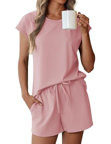 Image of Ekouaer Cotton Pajamas for Women Set 2 Piece Cap Sleeve Pjs Shorts Set Lounge Sets Sleepwear S-XXL