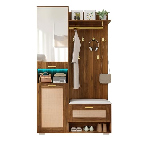 Set De Recibidor Con MDF y Tablero De Partículas, Armario Con Espejo y Iluminación LED 16 Colores, Mueble Zapatero Con Banco y Ganchos Dorados, Para Recibidor y Pasillo, Nogal y Blanco, 110x38x190 cm