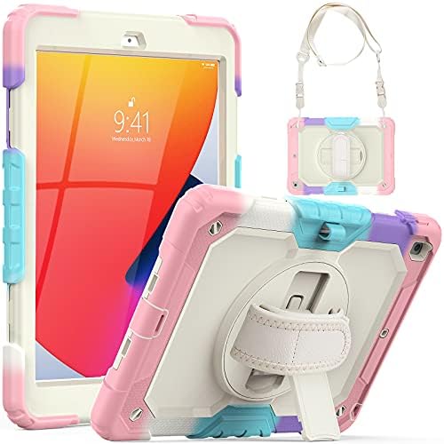 SEYMCY Kids Case for iPad 10.2 inch 9th 8th 7th Generation 2021/2020/2019, Shockproof with [Rotating Hand Strap Stand][Screen Protector][Pencil Holder] Hard Cover for iPad 9th/8th Gen, Black/Green