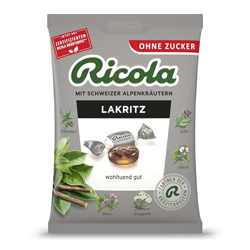 Ricola Lakritz, 75g Beutel Original Schweizer Kräuter-Bonbons mit 13 Schweizer Alpenkräutern, zuckerfrei, 1 x 75g, vegan Ricola Lakritz, 75g Beutel Original Schweizer Kräuter-Bonbons mit 13 Schweizer Alpenkräutern, zuckerfrei, 1 x 75g, vegan