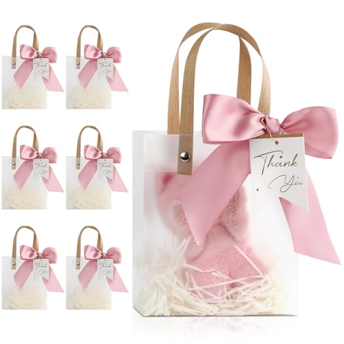 12 Pack Small Clear Plastic Gift Bags with Handles,5.12x2.76x5.91 Inch Party Favor Bags with Ribbons Raffia Paper Tags,Reusable Plastic Gift Wrap Bags for Wedding Birthday Baby Shower(Rose Pink)