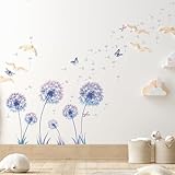 TOARTi 54 calcomanías de pared de diente de león para sala de estar, calcomanías de pared coloridas de flores de mariposa para dormitorios de niñas, calcomanías de arte de pared de plantas,
