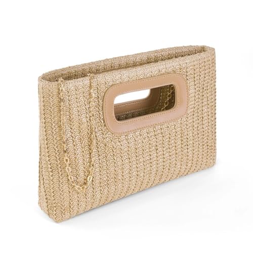 Xshelley Sac à main chic en paille pour femme avec chaîne dorée, sac à main tissé en raphia, kaki, cm