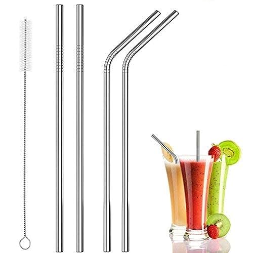 Aric Reusable BPA-Free Metal, Thick, Long, Dishwasher Safe Stainless Steel Drinking Straws, 8.5 Inches (2 Bend and 2 Straight and 1 Cleaning Brushes) 
