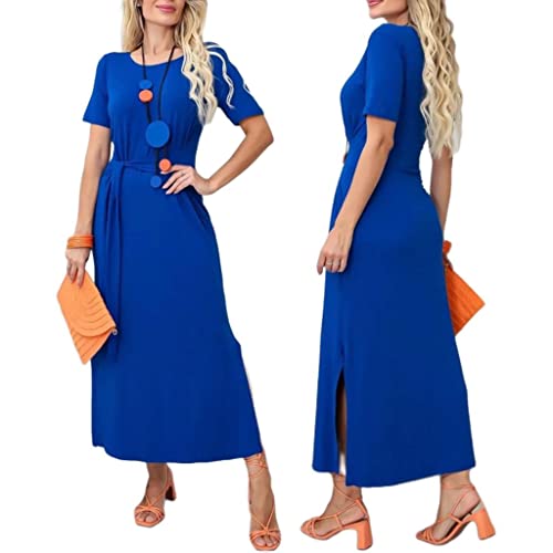 Vestido Longo Viscolycra Elegant Com Detalhe na Cintura Fendas Laterais Festa (Azul, G1 (Veste 44 ao