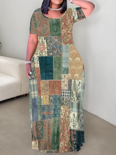 Image of PinkPatty Plus Size Dress for Women Casual Crew Neck Short Sleeve Maxi Dress Oversized Summer Beach Dresses with Pockets